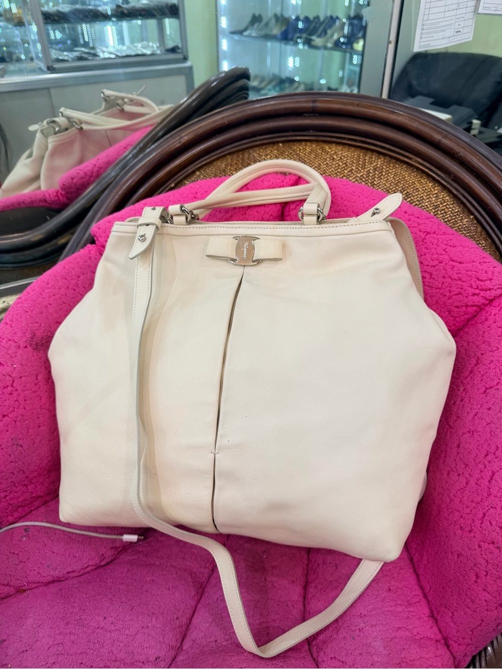 Cream Leather Women's Satchel Bag with Top Handles and Shoulder Strap